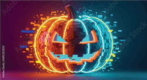 Spooky neon jack-o'-lantern glowing with digital glitch effect for Halloween
