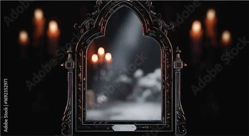 Mysterious ornate mirror reflecting flickering candlelight and ethereal mist, creating a magical ambiance.