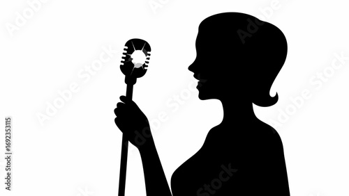 Silhouette of a woman holding a vintage microphone ready to sing on a white background stage setting