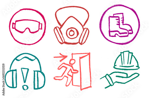 Safety Related Icons Crayon Chalk Drawing Doodle Vector Set