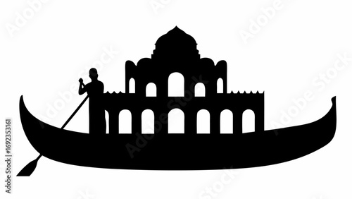 Silhouette of a venetian gondola with a boatman and a building on top against a white background