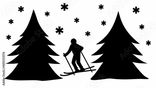 Silhouette of skier between trees under snowflakes on a white background winter wonderland scene art