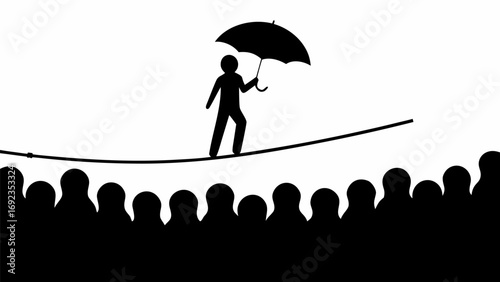 Silhouette of a person walking on a tightrope holding an umbrella above a crowd of people watching