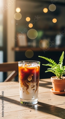 Iced Coffee Delight - A Refreshing Beverage on a Wooden Table.
