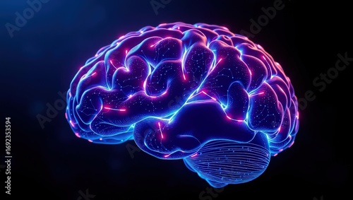 Glowing human brain with blue and purple lights on a dark background with visible connections