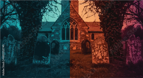 Eerie churchyard with weathered gravestones under a split-toned sky, evoking mystery and the passage of time.