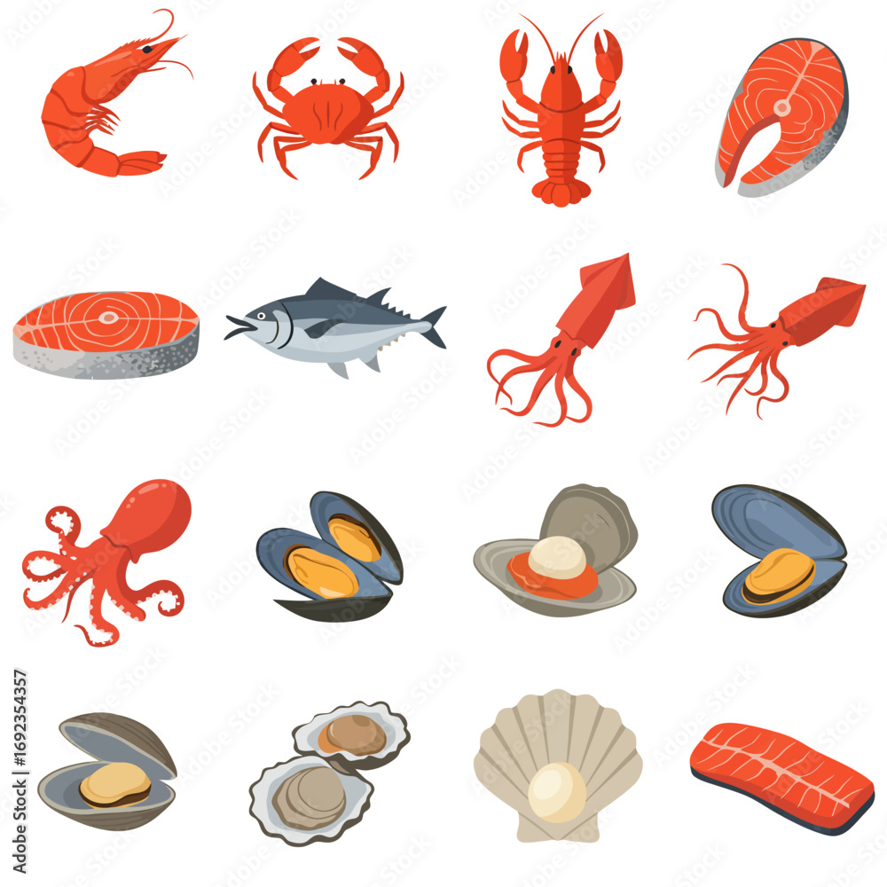 Obraz premium Collection of seafood icons: shrimp, crab, lobster, salmon, tuna, squid, octopus, mussels, clams, oysters, scallops.
