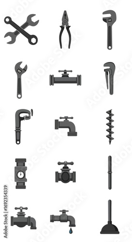 A collection of various plumbing and mechanical tools including wrenches, pliers, faucets, valves, and a plunger, depicted in a simple, flat design style.