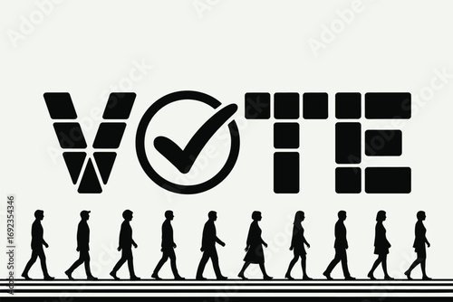A symbolic representation of voting showing people walking towards the word vote with a checkmark design