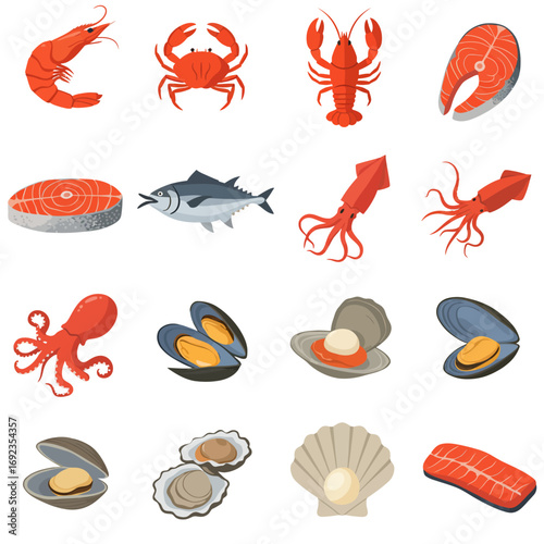 Collection of seafood icons: shrimp, crab, lobster, salmon, tuna, squid, octopus, mussels, clams, oysters, scallops.