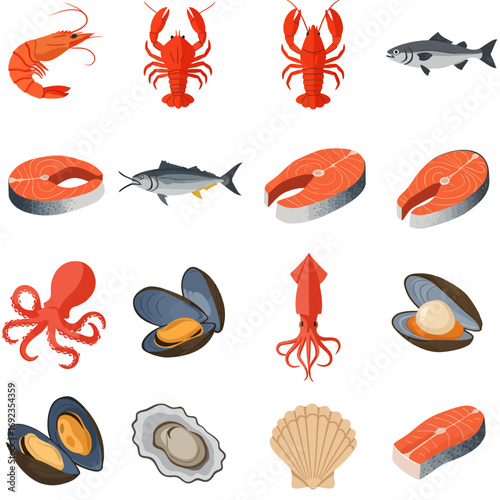 An illustrated collection of various seafood items including fish, shellfish, and crustaceans.