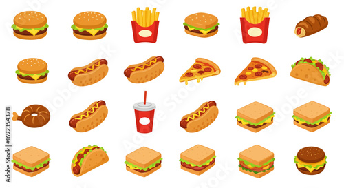 Isometric fast food icons: burgers, fries, hot dogs, pizza, tacos, sandwiches.