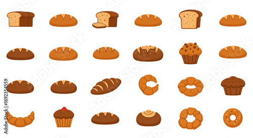 A collection of flat design icons depicting various types of bread, baked goods, and pastries, including loaves, rolls, croissants, muffins, and bagels.