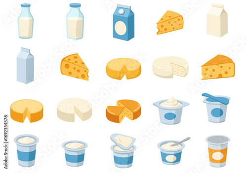 Various dairy products including milk, cheese, and yogurt in cartoon style.