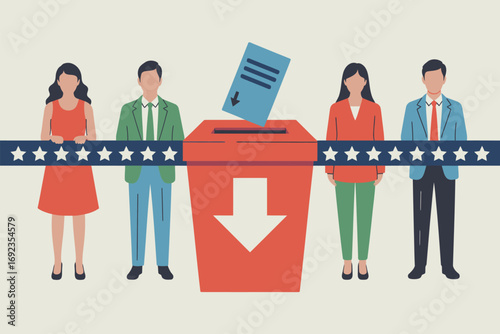 People standing near a ballot box with a ballot being inserted and a banner with stars across it
