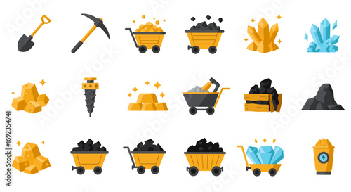 A collection of colorful flat design icons related to the mining industry, featuring tools and precious minerals.