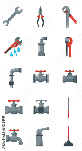 A collection of plumbing tools and fixtures, including wrenches, pliers, pipes, valves, faucets, and a plunger, presented in a clean, illustrative style.