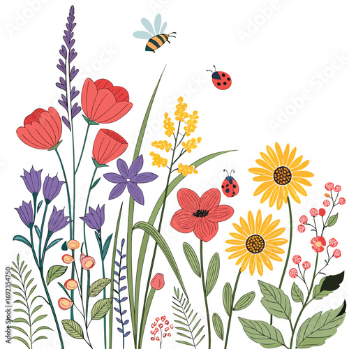 Delicate floral composition with red poppies, yellow sunflowers, and buzzing insects, capturing the essence of a serene summer meadow isolated on white background