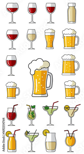 Collection of various alcoholic beverages, including wine, beer, and cocktails, in different glasses and mugs.