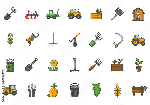 Collection of farm tools and equipment icons, including tractors, plows, rakes, shovels, and barns.