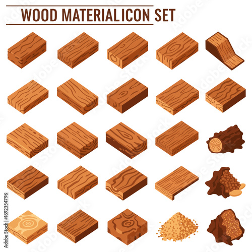 Isometric wood material icon set featuring various wood textures and shapes for design.