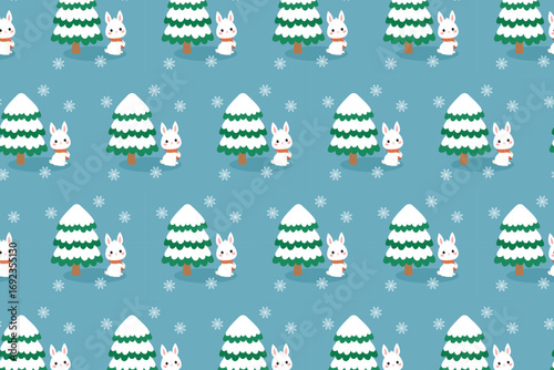 Christmas Bunny Pattern swatch available in swatches panel, Cute Winter Seamless Design with Snowflakes and Pine Trees