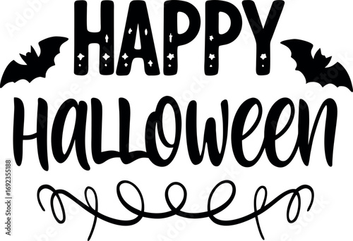 Creative Happy Halloween lettering design with spooky bat silhouettes and decorative swirls, an isolated vector graphic for holiday greetings