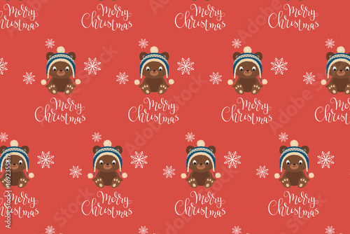 Christmas Bear Pattern swatch available in swatches panel, Cute Winter Seamless Design with Merry Christmas Text and Snowflakes