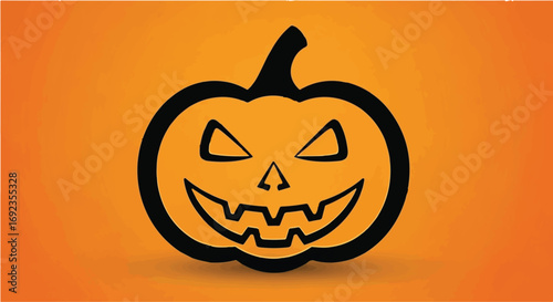 Spooky carved pumpkin face glowing with a mischievous grin on a vibrant orange background.