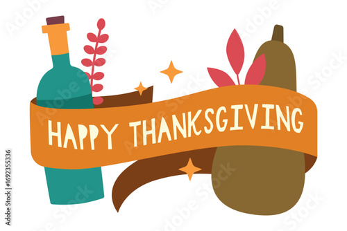 Thanksgiving Celebration Banner Vector Illustration. festive banner with a bottle, leaves, and pumpkin.