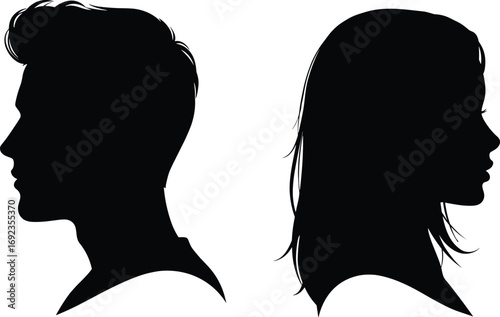 Black silhouette profiles, male and female faces, opposite directions, minimalist design, gender contrast, relationship concept, duality, diversity, communication