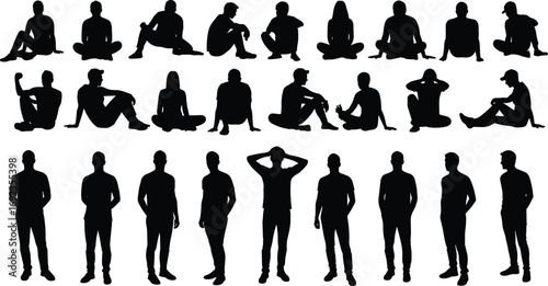 Black silhouette people poses collection, sitting, standing, leaning, gesture reference, posture design, body movement, vector illustration, white background, minimal style, fashion reference