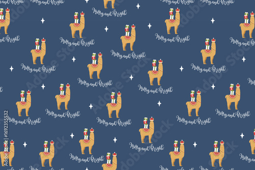 Christmas Llama Pattern swatch available in swatches panel, Cute Holiday Seamless Design with Merry and Bright Text and Gifts
