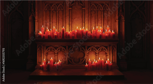 Warm glow of numerous red candles illuminates a sacred altar in dim, atmospheric lighting.