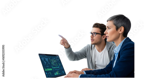 Project Manager and Computer Science Engineer Talk while Using Big Screen Display and a Laptop, Showing Infrastructure Infographics Data. Telecommunications Company System Control and Monitoring Room.