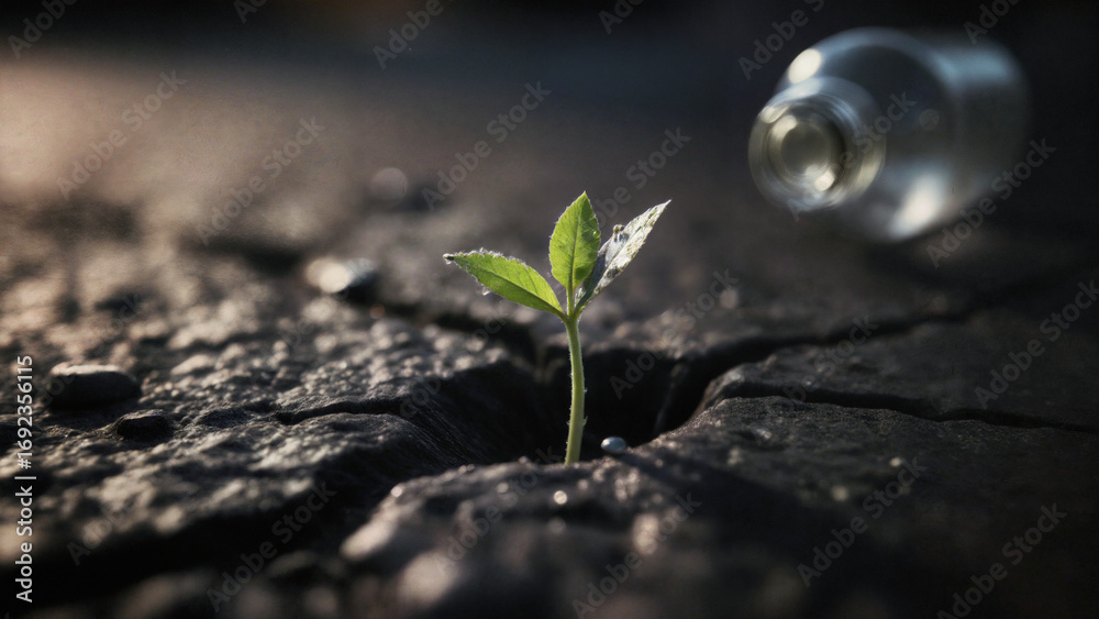 Obraz premium 아스팔트 틈새에서 물방울을 머금고 자라는 작은 새싹