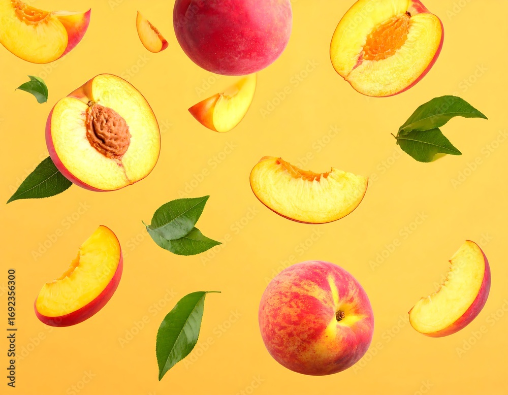 Fototapeta premium Peach slices and halves, vibrant, fresh