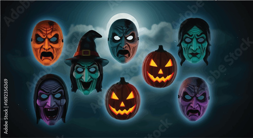 Spooky Halloween masks and carved pumpkins glow eerily against a dark, cloudy night sky.