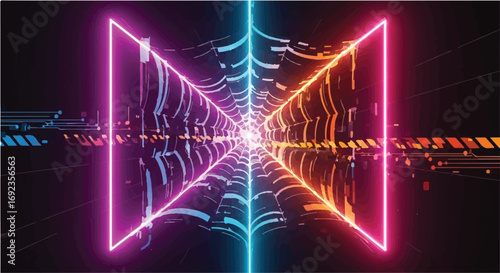 Vibrant neon geometric tunnel with glowing spiderweb pattern and digital abstract background