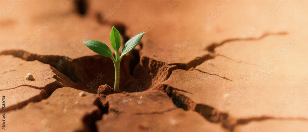 Obraz premium 균열진 흙 위에서 자라는 작은 초록 새싹