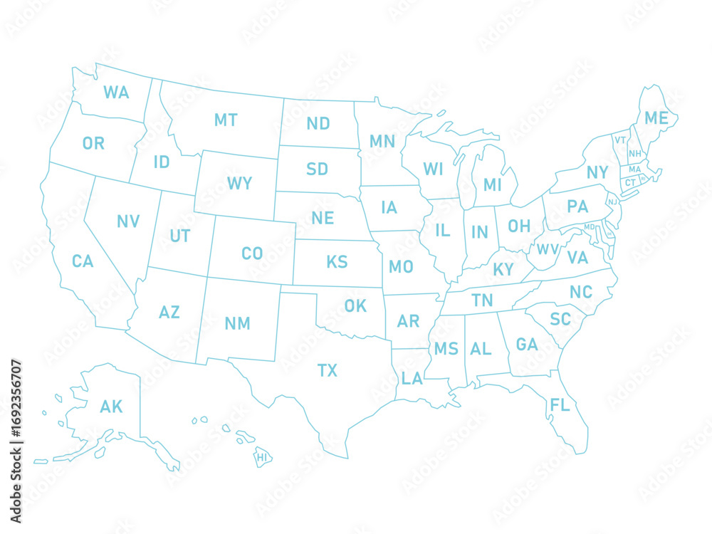 Fototapeta premium Simple USA map. United States outline with states. America map template. Vector illustration.