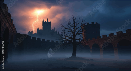 Mysterious castle under a dramatic stormy sky with lightning illuminating the ancient towers.