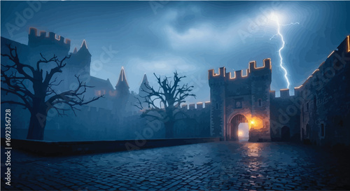 Dramatic castle courtyard under a stormy night sky with lightning striking.