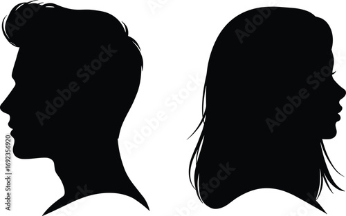 Silhouette vector of man and woman side profiles facing each other, black isolated design for relationship, gender, people, communication concept