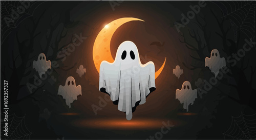 Spooky ghost character floating in front of a glowing crescent moon surrounded by other playful spirits