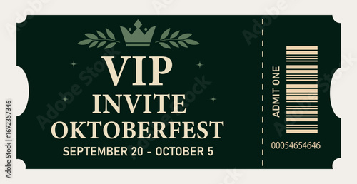  Vector horizontal VIP ticket admit one for Oktoberfest with barcode. Ideal for tickets, posters, flyers, invitations, event decoration, festivals, fairs, pubs