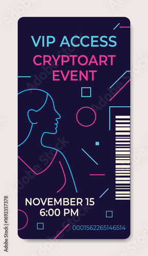 Vector stylish creative VIP ticket with abstraction for cryptoart cultural events, design expositions