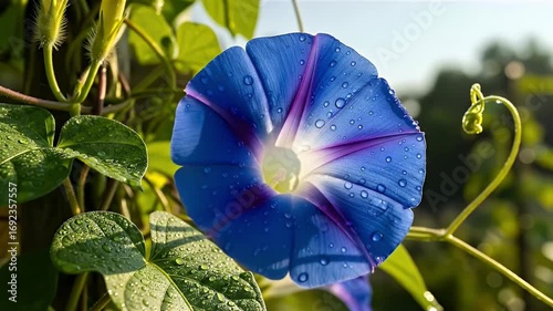 A vibrant blue morning glory flower covered in fresh morning dew, basking in the early sunlight in a lush garden.