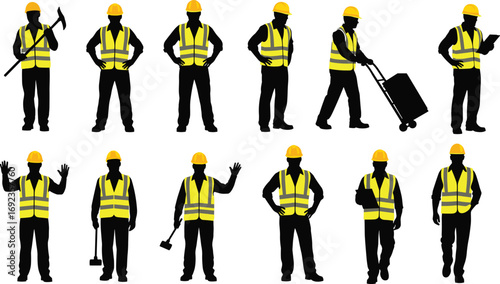 Construction worker silhouettes wearing yellow safety vests and helmets in various poses holding tools and equipment on white background.