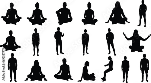 Silhouettes of men and women in various yoga, meditation, and sitting poses, black vector set for wellness, calm, mindfulness design